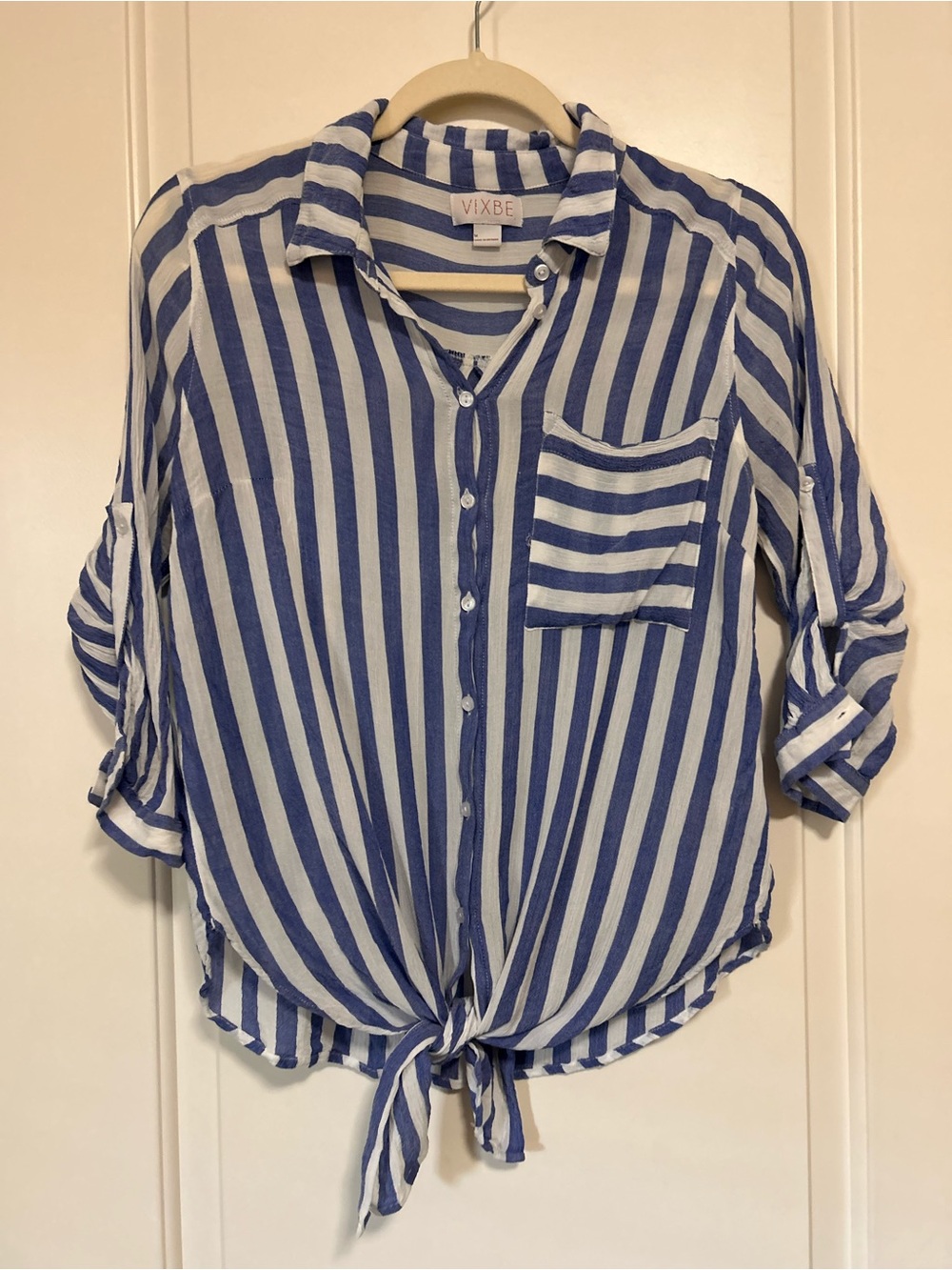 🌊🐬Vixbe Blue⚓️White Striped Tie-Front Button Up Shirt🐬🌊